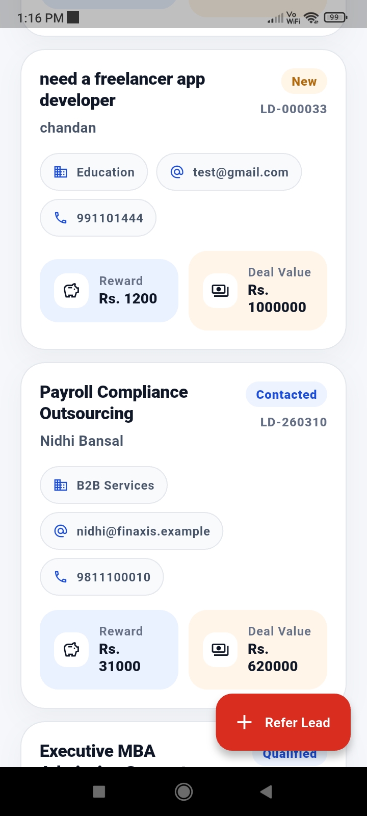 Kallo mobile app referral list screen