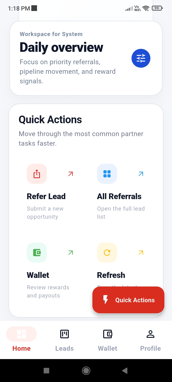 Kallo mobile app quick actions screen