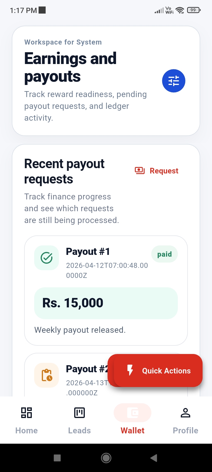 Kallo mobile app wallet and payout screen